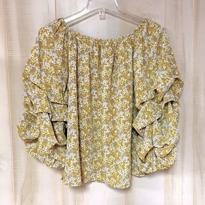 Patrizia Luca Yellow White Gathered Sleeve Blouse, Can Be Off The Shoulder, Sz S